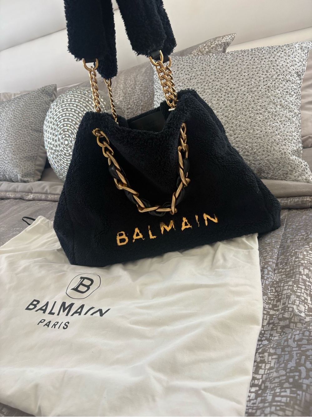 Balmain Black Faux Shearling Tote with Gold Chain Handles - Picture 3 of 8